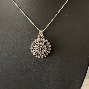 Sparkling Round Sterling Silver Marcasite Pendant Necklace.